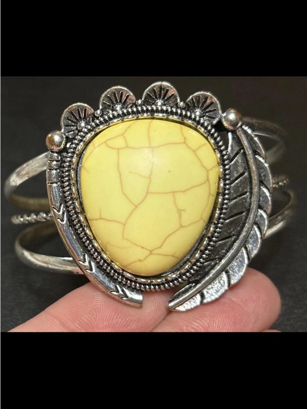 Vintage butter Yellow Stone Silver-Tone Feather Cuff Bracelet - Women's Jewelry